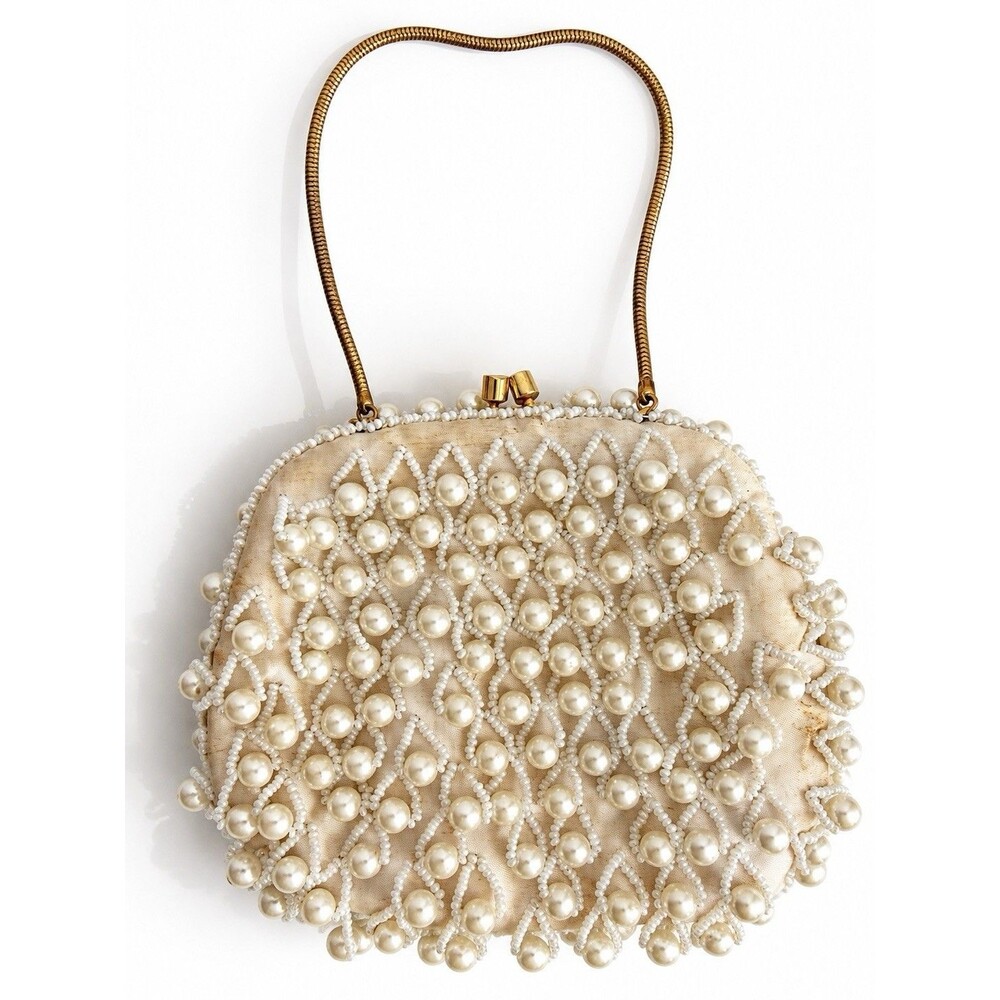 Vintage Hong Kong Pearl Beaded Evening Bag Ivory Gold Kiss Lock Purse Bridal